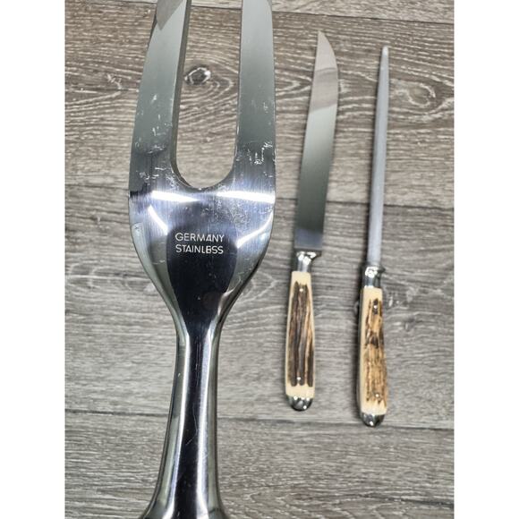 Solingen Germany Stainless Stag Antler Handle Carving Knife Serving Fork~3 Pc - Picture 8 of 9